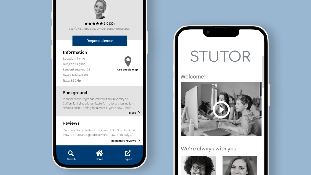 mobile screen preview of my tutor scheduling app, stutor